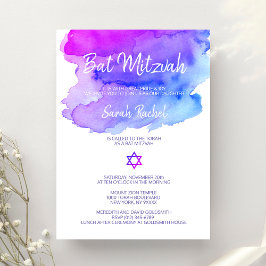 Personlig Vattenfärgsblått Bat mitzvah Lila Inbjudningar