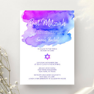 Personlig Vattenfärgsblått Bat mitzvah Lila Inbjudningar