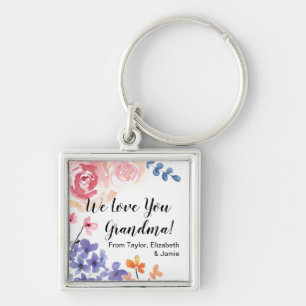 Personlig vattenfärgsblomma Vi kärlek dig Grandma Fyrkantig Silverfärgad Nyckelring