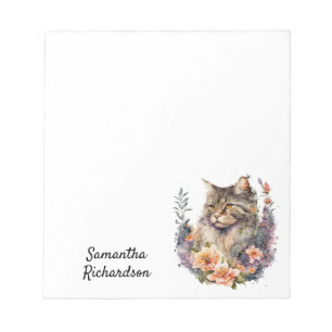 Personlig Vattenfärgsfärg Blommigt Boho Cat Anteckningsblock
