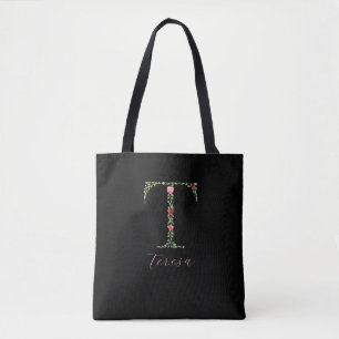 Personlig Vattenfärgsfärg Blommigt Monogram Brev T Tygkasse