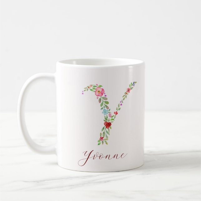 Personlig Vattenfärgsfärg Blommigt Monogram Brev Y Kaffemugg (Vänster)