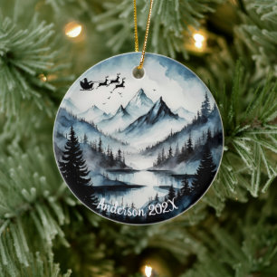 Personlig Vattenfärgshus över bergen Julgransprydnad Keramik