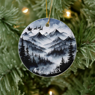 Personlig Vattenfärgshus över bergen Julgransprydnad Keramik
