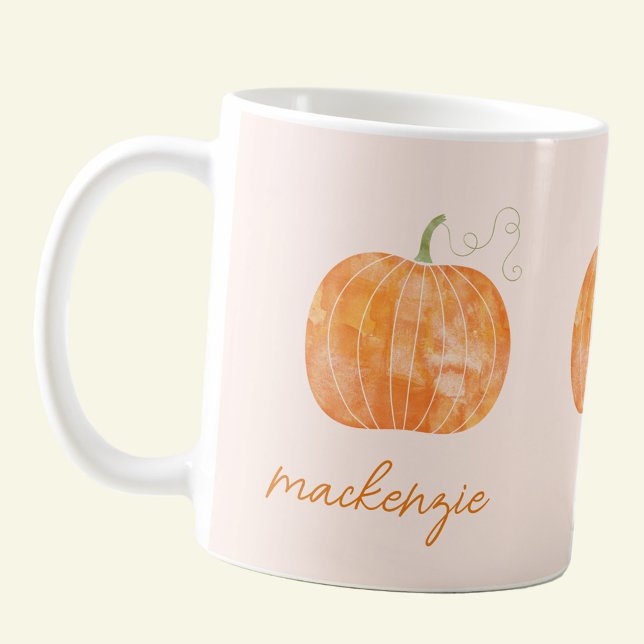 Personlig vattenfärgspumpning höstfällning kaffemugg (Modern script personalized custom name watercolor pumpkin mug for autumn, fall and Thanksgiving)