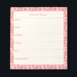 Personlig Veckovis planner Vintage Red-Blommigt Anteckningsblock<br><div class="desc">Ett anteckningsblock med snyggt för veckoplanering för personlig med vintage röd blommigt gräns.</div>