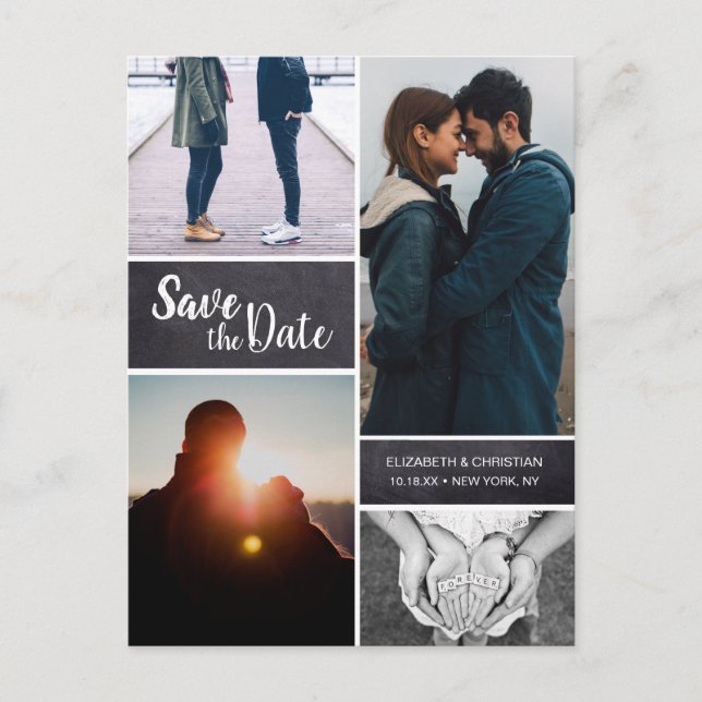 Personlig, vertikal Save the Date Foto Collage Meddelande Vykort (Framsida)