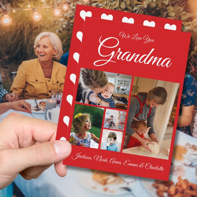 Personlig Vi älskar dig Mormor | Röd 5 Foto Julkort (Skapare uppladdad)