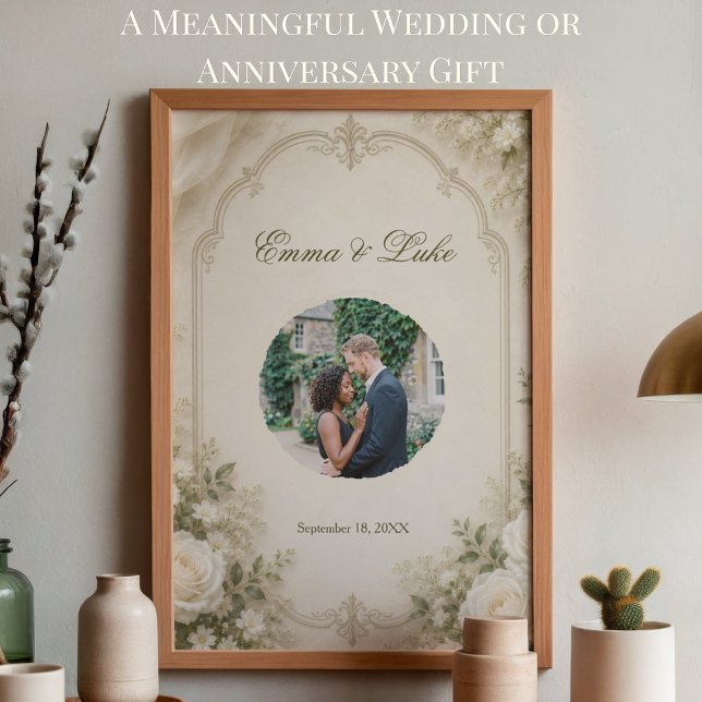 Personlig vigsel-fototavla | Elegant blomster Poster (Personalized wedding photo poster with elegant floral design for reception and home decor)