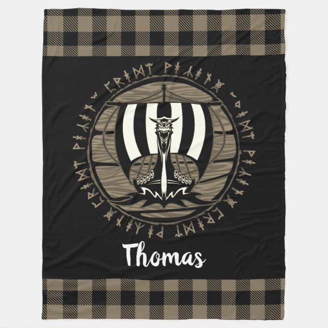 Personlig Viking Dragon Long Frakt kör svart Fleecefilt (Framsidan)