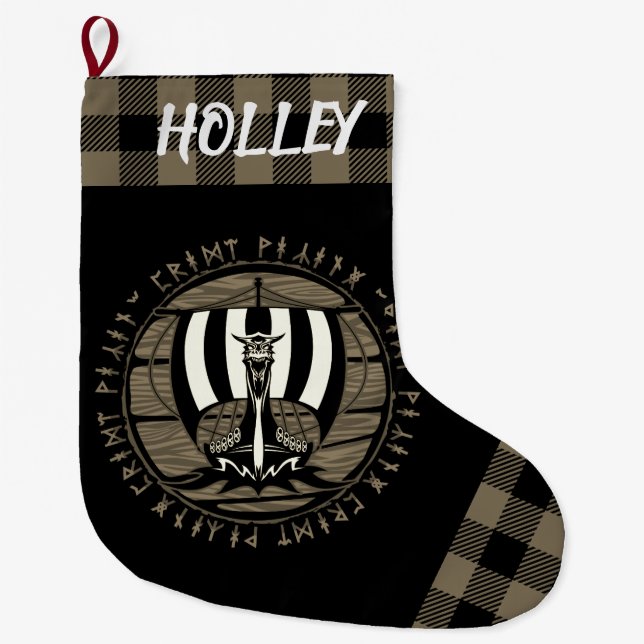 Personlig Viking Dragon Longship Sail Tan Black Stor Julstrumpa (Framsidan)