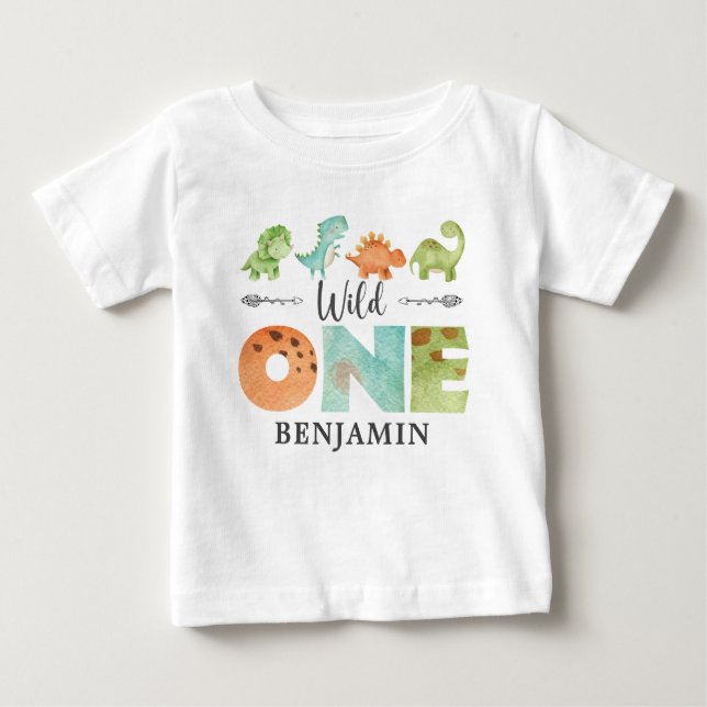 Personlig VILD 1 dinosaurer Första födelsedag Bab T Shirt (Framsida)