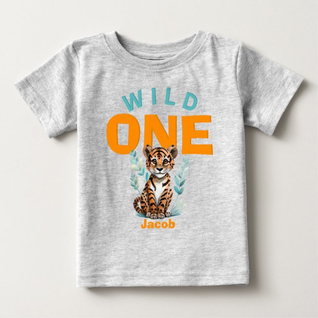 Personlig VILD EN Tiger Junglep första födelsedag T Shirt (Framsida)