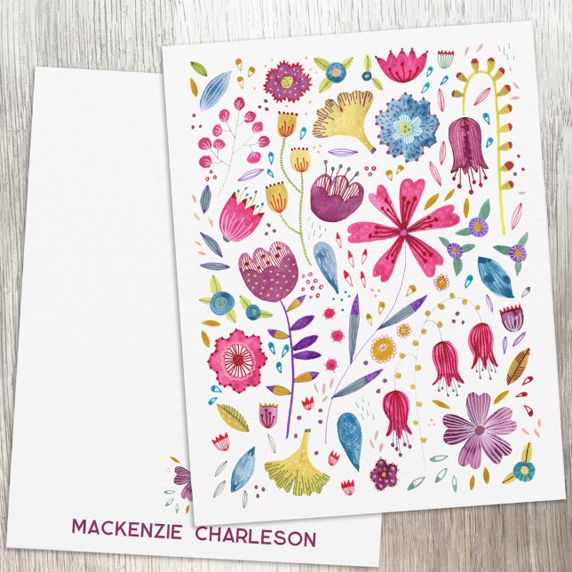 Personlig vildblomma akvarell botanisk anteckningskort (Watercolor wildflower floral personalized custom name or text notecards)