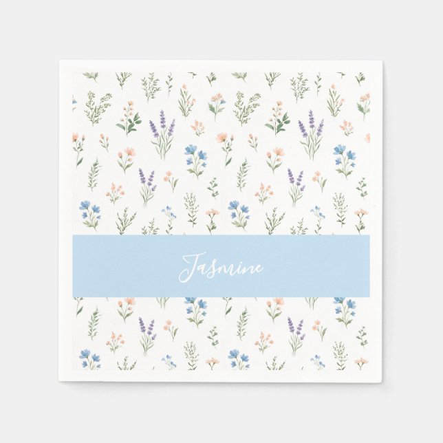 Personlig vildblomma Anpassat namn Blå Blommor Pappersservett (Framsidan)