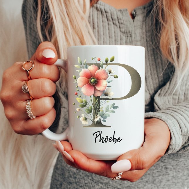 Personlig vildblommamonogrammugg-gåva till mamma kaffemugg (floral monogram cup, wildflower initial cup, custom mug for coworker, monogram gift for friend,)
