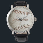 Personlig Vintage Baseball Armbandsur<br><div class="desc">Ett foto av en begagnad baseboll ger bakgrunden till den här personligen,  med ett anpassade namn i ett tryckt typsnitt i en rödbrun nyans som matchar sömmen. Perfekt för baseboll eller sportfantast på presentlistan.</div>