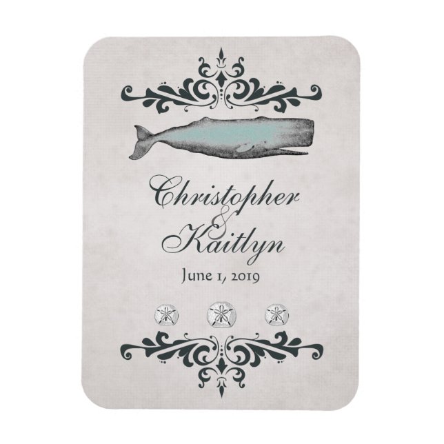 Personlig Vintage Beach Whale Bröllop Magnet (Vertikal)