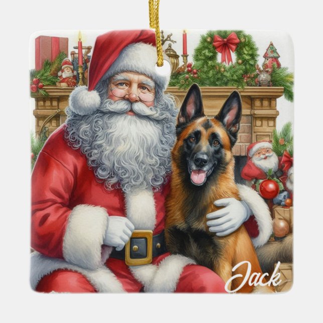 Personlig Vintage Belgiska Malinois med tomten Julgransprydnad Keramik (Framsida)