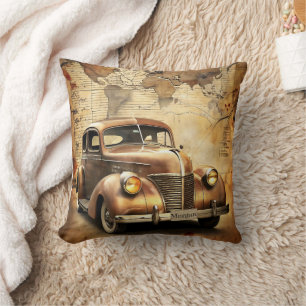 Personlig Vintage bil Antique World Map Kudde