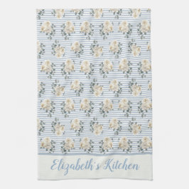 Personlig vintage blå vit randig blommig kökshandduk