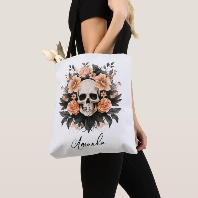Personlig Vintage Blommigt Halloween Skull Tygkasse (Närbild)