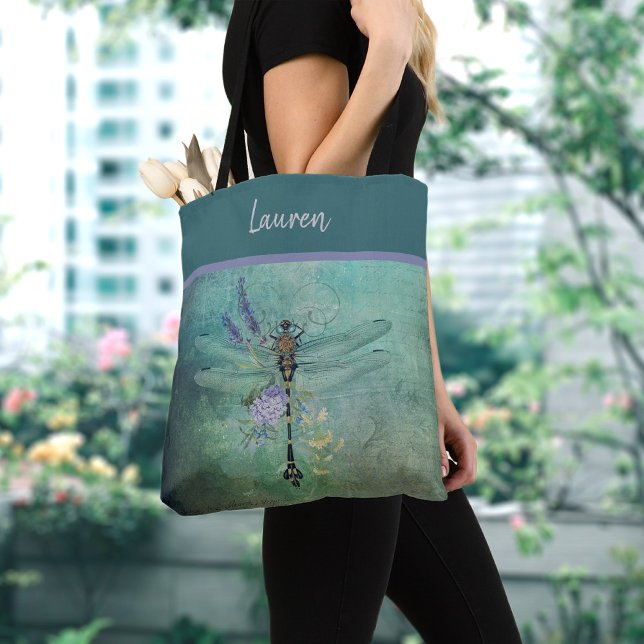 Personlig Vintage Dragonfly med Flowers Tote B Tygkasse (Skapare uppladdad)