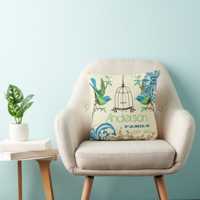 Personlig Vintage Fågel Fågelbur Damask Kudde (Stol)