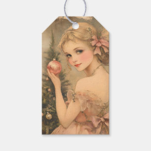 Personlig Vintage Girl med Rosa Bauble Presentetikett