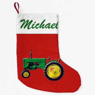 Personlig Vintage Grönt Tractor på Red Liten Julstrumpa