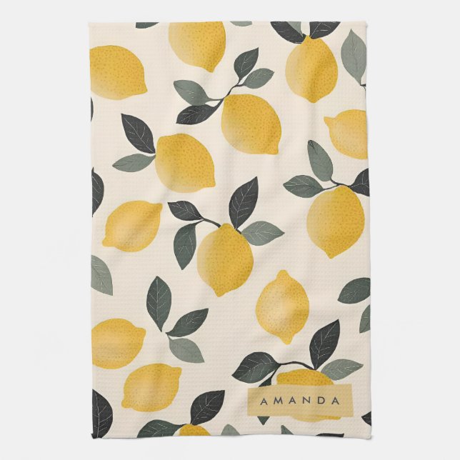 Personlig Vintage Lemons med Grönt Löv Kökshandduk (Vertikal)
