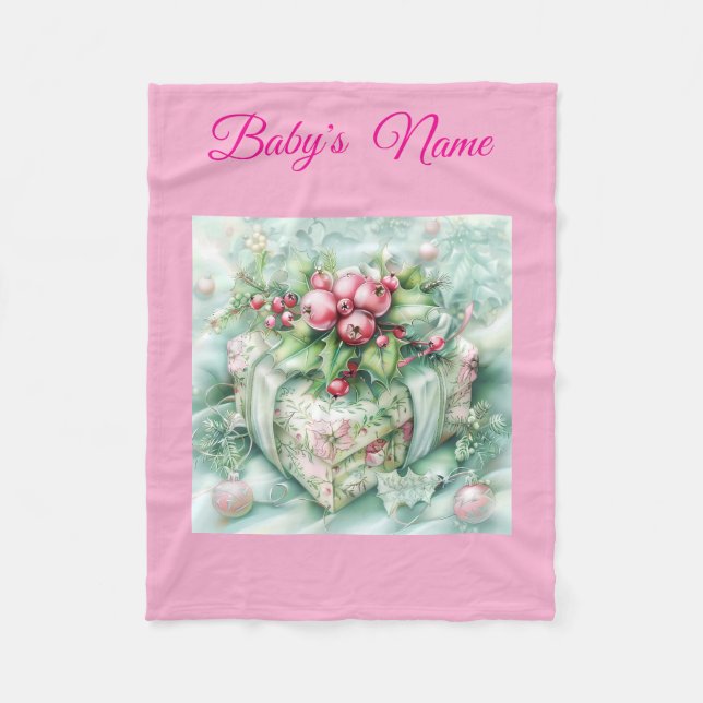Personlig vintage rosa julbabyfilt – fleecefilt (Framsidan)