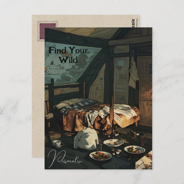 Personlig vintage-sängkammarinredning med vilda ci vykort (Fram/baksida)