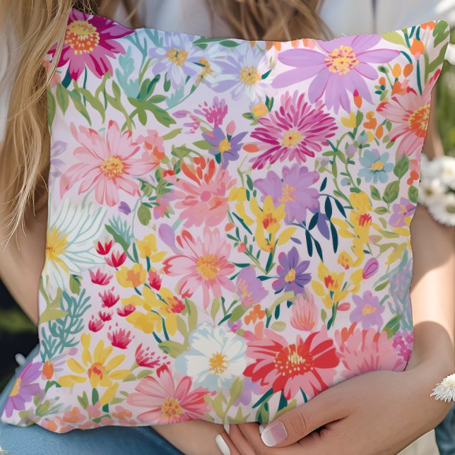 Personlig Vintage Vattenfärgen Vår Blommigt Kudde (vibrant purple and pink spring floral throw pillow)