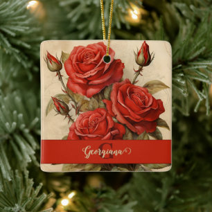 Personlig Vintage Vattenfärgens Blommigt Röd ros Julgransprydnad Keramik