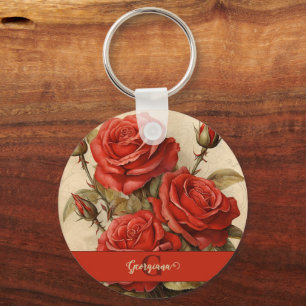 Personlig Vintage Vattenfärgens Blommigt Röd ros Nyckelring