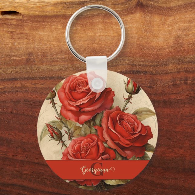 Personlig Vintage Vattenfärgens Blommigt Röd ros Nyckelring (Framsida)