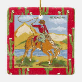 Personlig Vintage Western Cowboy Rodeo Lasso Julgransprydnad Keramik