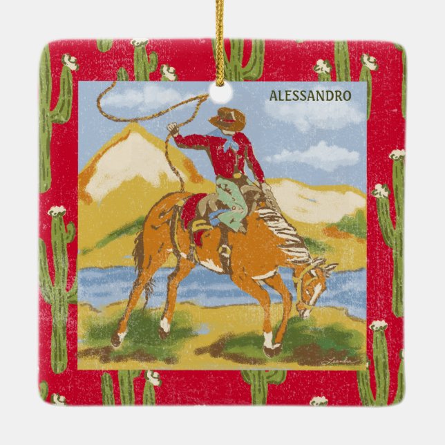 Personlig Vintage Western Cowboy Rodeo Lasso Julgransprydnad Keramik (Baksida)