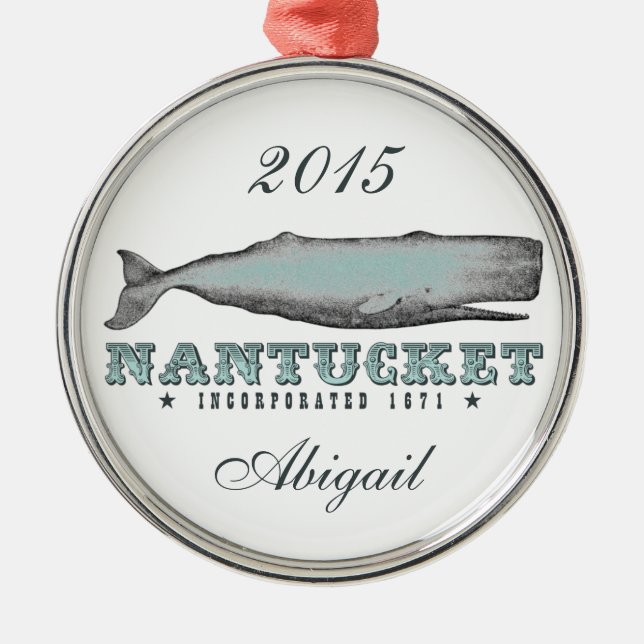 Personlig Vintage Whale Nantucket Massachusetts Julgransprydnad Metall (Framsidan)