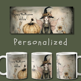Personlig Vintage Whimsical Halloween Witch. Kaffemugg