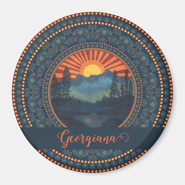 Personlig Vintage Wilderness Sunset Dot Mandala Magnet (Framsidan)