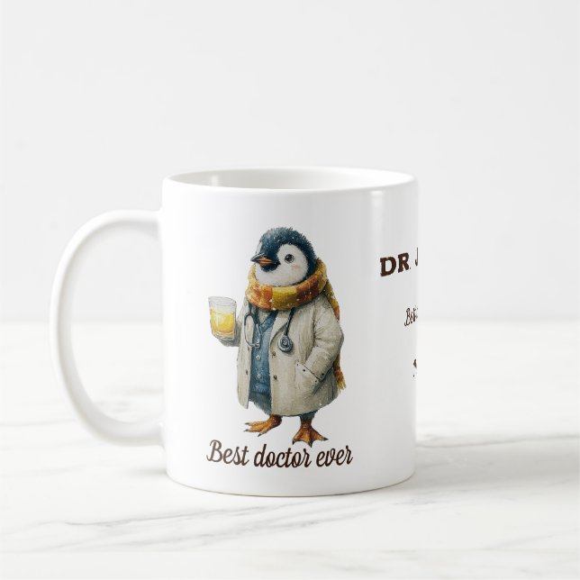 Personlig vinterpingvin “Årets bästa läkare” Kaffemugg (Vänster)