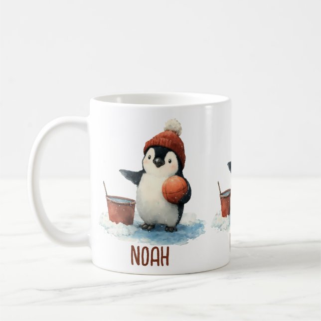 Personlig vinterpingvin basketboll unge kaffemugg (Vänster)