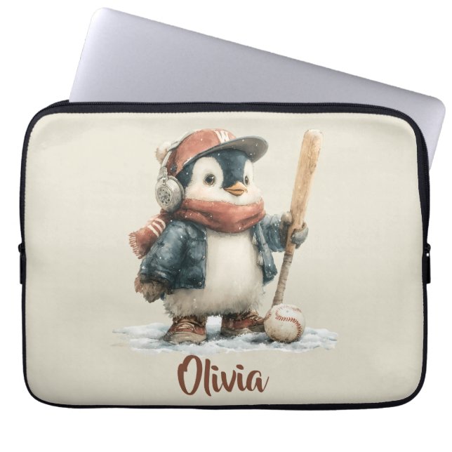 Personlig vinterpingvin Softball Barn Laptop Fodral (Framsidan)