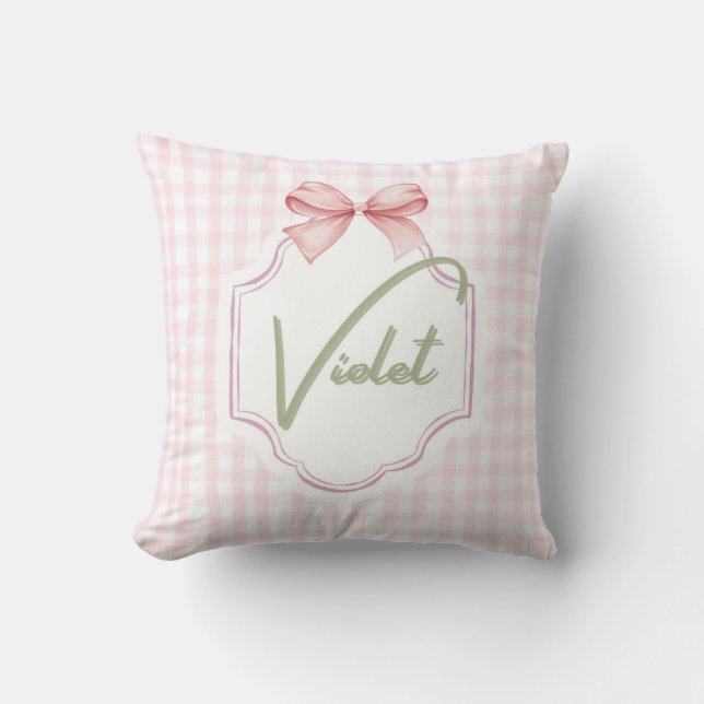 Personlig Violet Flicka Nursery Bow&Gingham Kudde (Framsida)