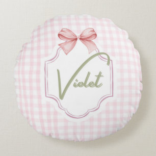 Personlig Violet Flicka Nursery Bow&Gingham Rund Kudde