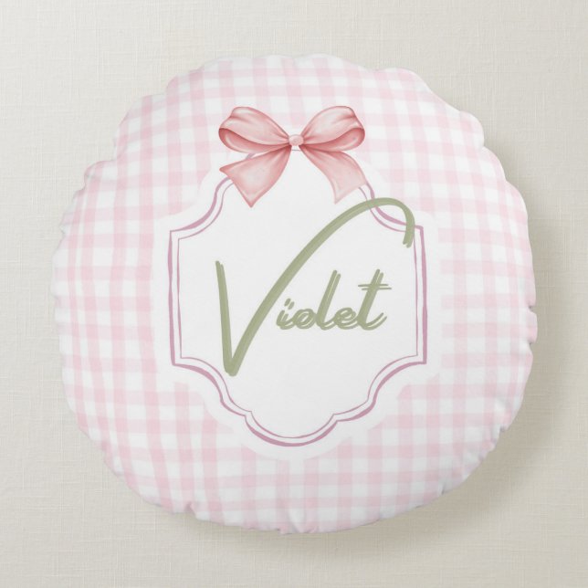 Personlig Violet Flicka Nursery Bow&Gingham Rund Kudde (Framsidan)