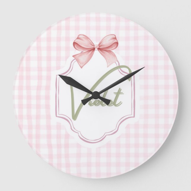 Personlig Violet Flicka Nursery Bow&Gingham Stor Klocka (Framsida)