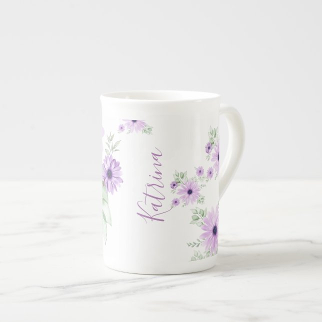 Personlig Violet Grönt, Vattenfärgsblommor Benporslin Mugg (Framsida höger)